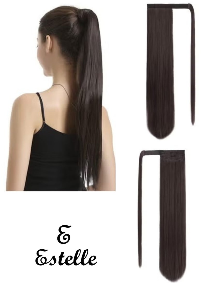 إستيل 24 بوصة تمديد ذيل حصان طويل مستقيم التفاف حول كليب في الألياف الاصطناعية الشعر للنساء بني داكن - Image 1