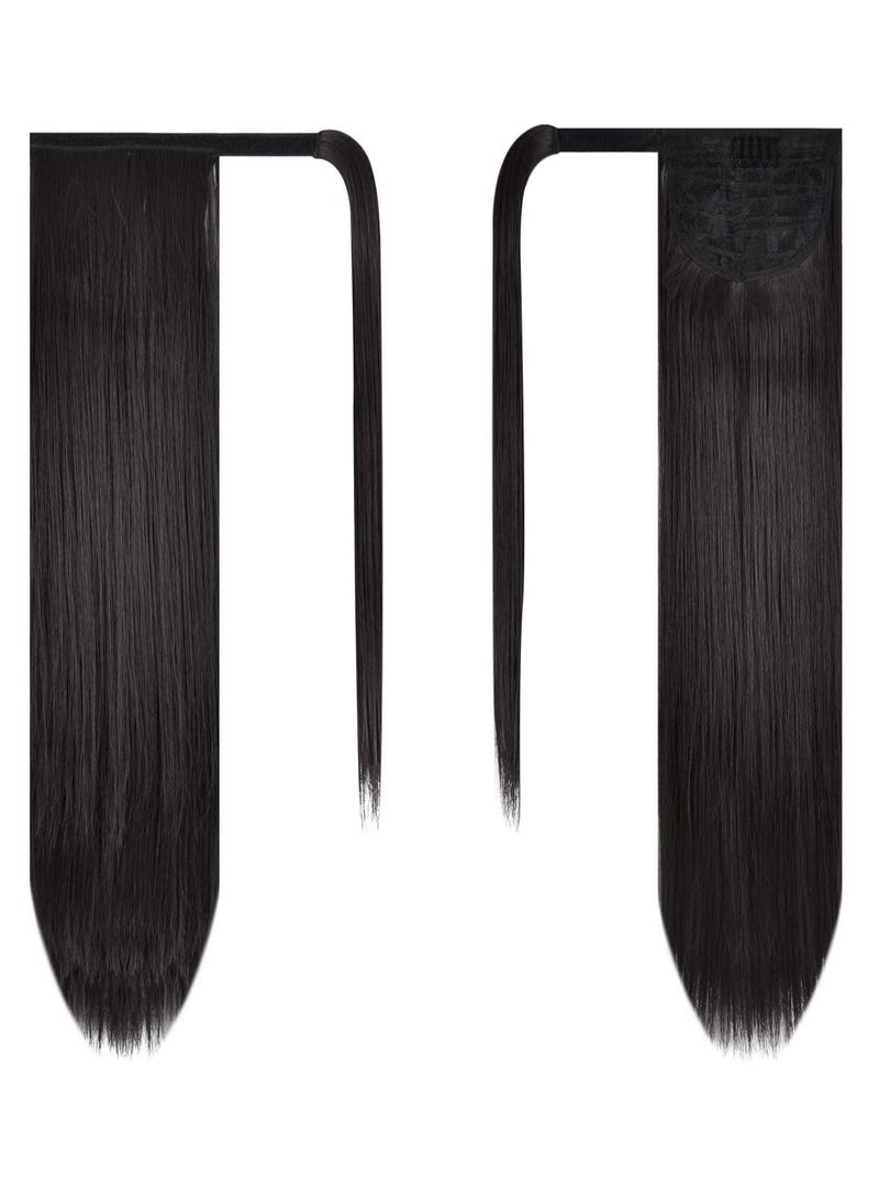 إستيل 24 بوصة تمديد ذيل حصان طويل مستقيم التفاف حول كليب في الألياف الاصطناعية الشعر للنساء بني داكن - Image 2