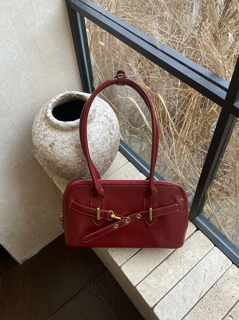 NicheDesign Womens Autumn/Winter New High-End Feel Single Shoulder Handbag Korean Style INS Bag Motorcycle Equipment Accessorie Wine red
