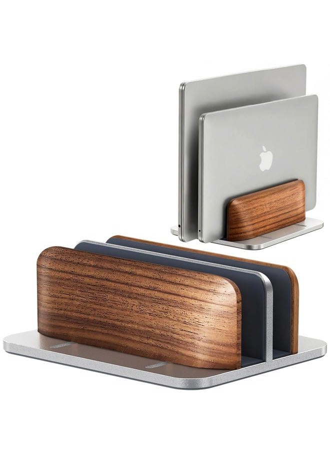 JCZT Vertical Laptop Stand, Walnut Dual Laptop Holder with Adjustable Aluminum Alloy Base Laptop Stand Compatible with All MacBok/Surface/Samsung/HP/Dell/Chrome Book (Silver) - Image 1