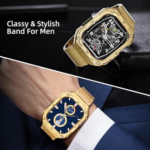 PanPinnacle Business Stainless Steel Case with Band Compatiable for 49mm Apple Watch Ultra bands for men Rorust Metal Apple Watch Bumper Case Cover with Solid Replacement Strap for iWatch Band Ultra 21Gold - Image 3