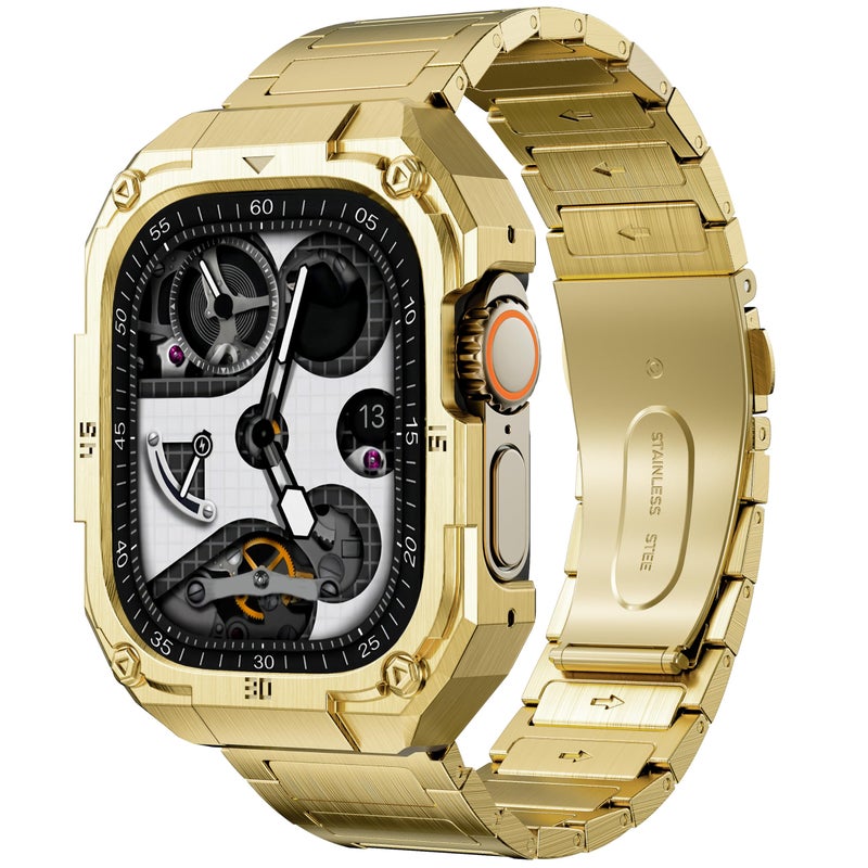 PanPinnacle Business Stainless Steel Case with Band Compatiable for 49mm Apple Watch Ultra bands for men Rorust Metal Apple Watch Bumper Case Cover with Solid Replacement Strap for iWatch Band Ultra 21Gold - Image 2