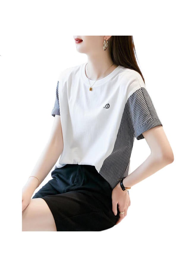 dme Summer High Support Cloud Cotton Embroidered Short Sleeve T-Shirt For Women Fashionable Color-Block Striped Women'S T-Shirt - Image 1
