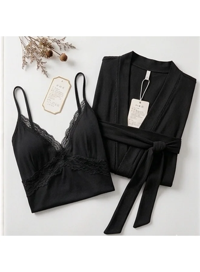 Caprisious  Lace-Trimmed Ribbed Lounge Set – 2-Piece Robe & Nightgown Set for Women | Best Price UAE