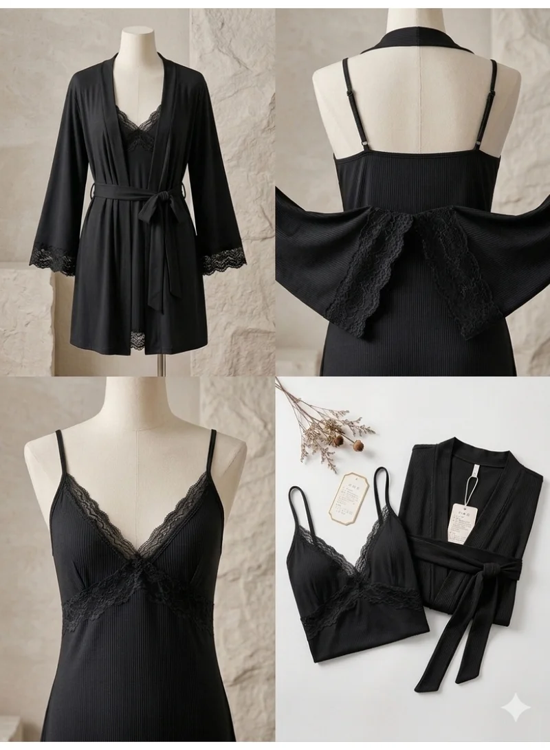 Caprisious  Lace-Trimmed Ribbed Lounge Set – 2-Piece Robe & Nightgown Set for Women | Best Price UAE