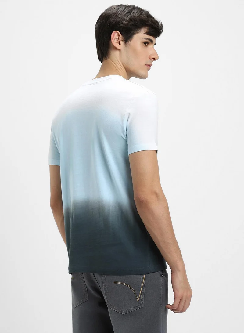 دينيس لينغو Blue Slim Fit Dyed Henley Neck T-shirt for Men - 100% Cotton, Half Sleeves, Casual