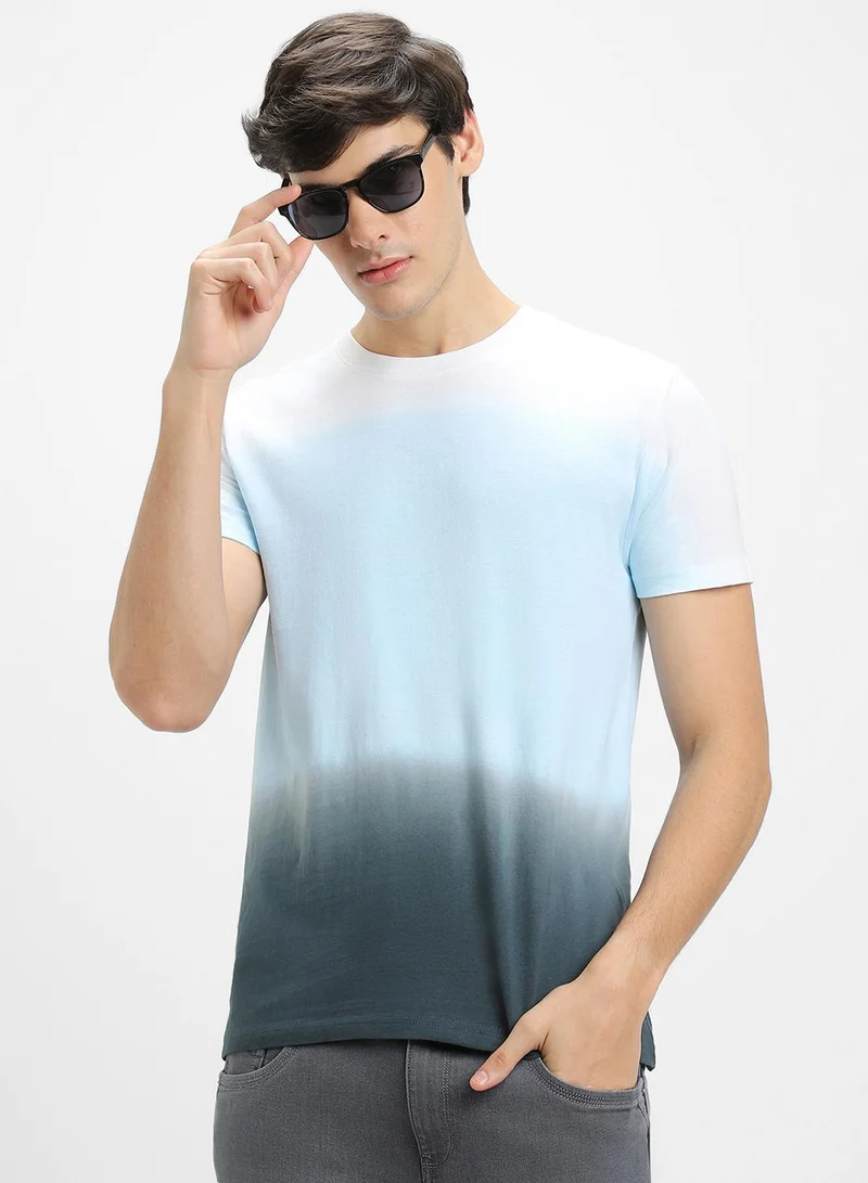 دينيس لينغو Blue Slim Fit Dyed Henley Neck T-shirt for Men - 100% Cotton, Half Sleeves, Casual