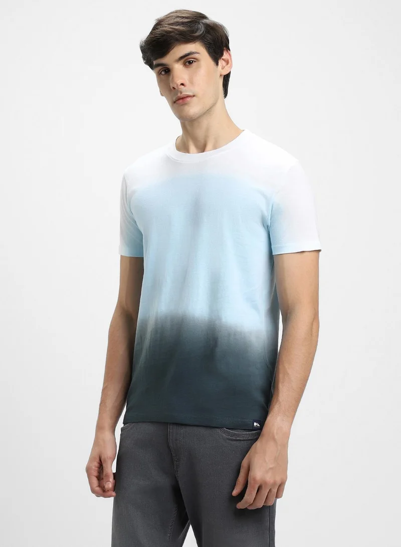 دينيس لينغو Blue Slim Fit Dyed Henley Neck T-shirt for Men - 100% Cotton, Half Sleeves, Casual