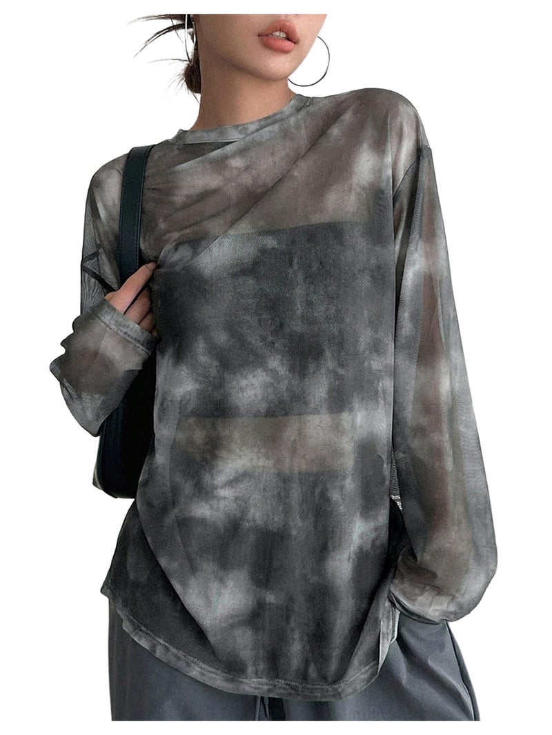 Verdusa Women's Y2k Tie Dye Sheer Mesh Top Drop Shoulder Long Sleeve Oversized Rave Streetwear Tops Black and White Medium - Image 1