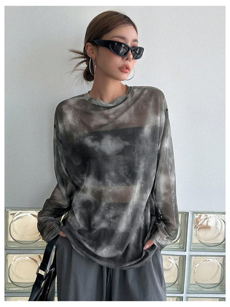 Verdusa Women's Y2k Tie Dye Sheer Mesh Top Drop Shoulder Long Sleeve Oversized Rave Streetwear Tops Black and White Medium - Image 5