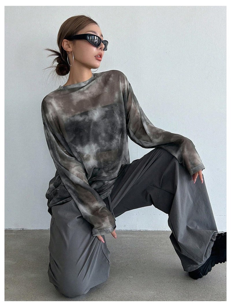 Verdusa Women's Y2k Tie Dye Sheer Mesh Top Drop Shoulder Long Sleeve Oversized Rave Streetwear Tops Black and White Medium - Image 4