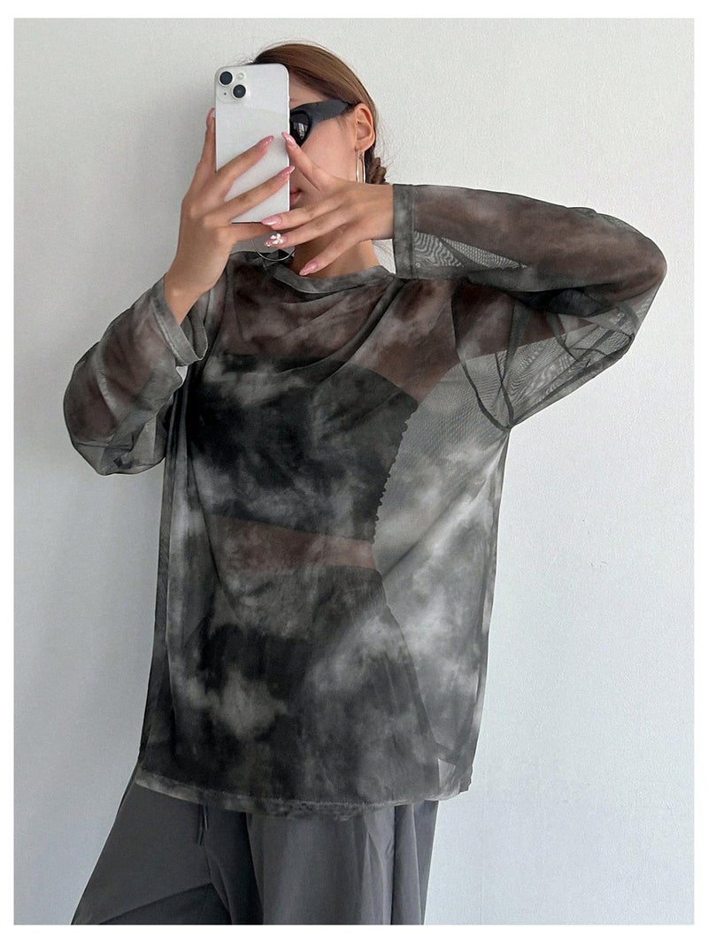 Verdusa Women's Y2k Tie Dye Sheer Mesh Top Drop Shoulder Long Sleeve Oversized Rave Streetwear Tops Black and White Medium - Image 3