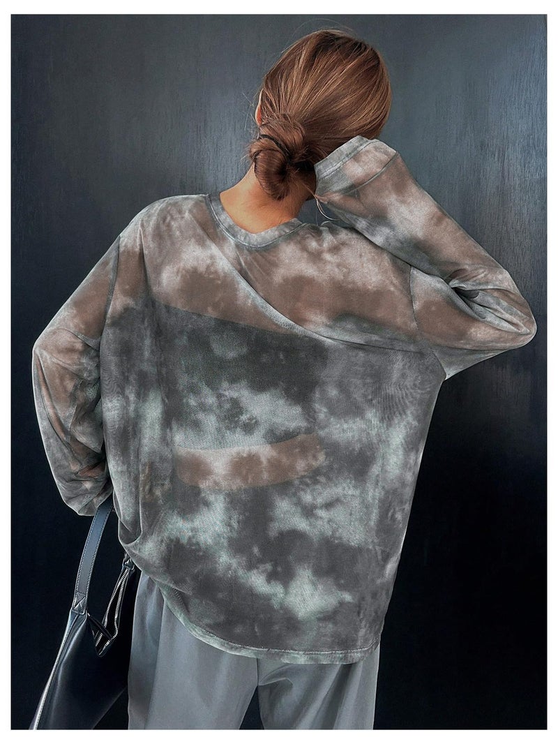 Verdusa Women's Y2k Tie Dye Sheer Mesh Top Drop Shoulder Long Sleeve Oversized Rave Streetwear Tops Black and White Medium - Image 2