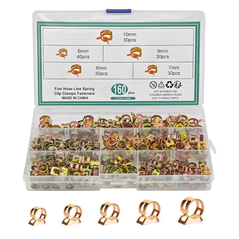 BESULEN 160 Pcs Spring Hose Clamps 5 Size Spring Band Type Fuel Line Hose Clips ZincPlated Low Pressure Clamp for Silicone Vacuum Pipe Automotive Fastener Assortment Kit - Image 2