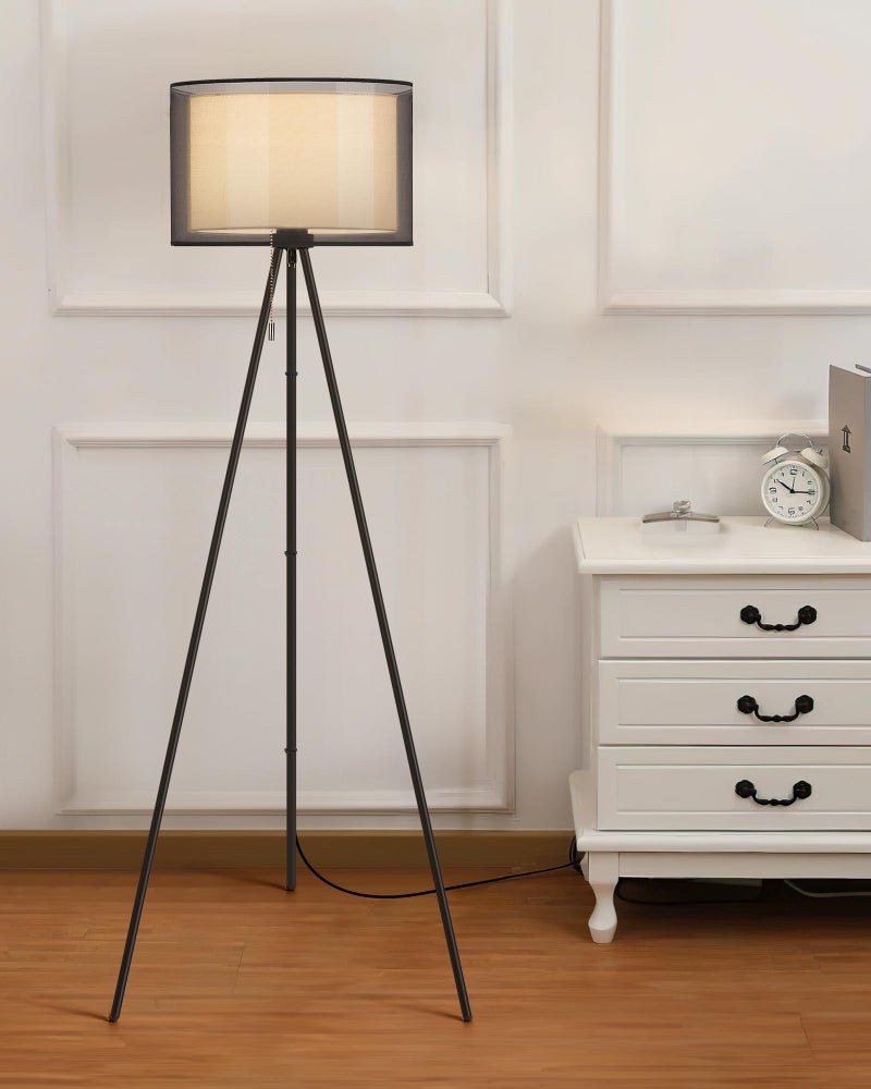 KDG Modern Floor Lamp - Tall Tripod Lamp for Living Room, Bedroom, Office; Fabric Shade, LED Bulb, Warm Light (Black) - Image 2