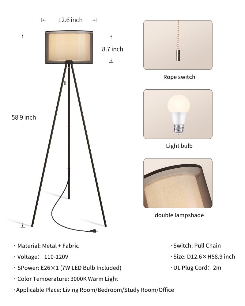 KDG Modern Floor Lamp - Tall Tripod Lamp for Living Room, Bedroom, Office; Fabric Shade, LED Bulb, Warm Light (Black) - Image 5