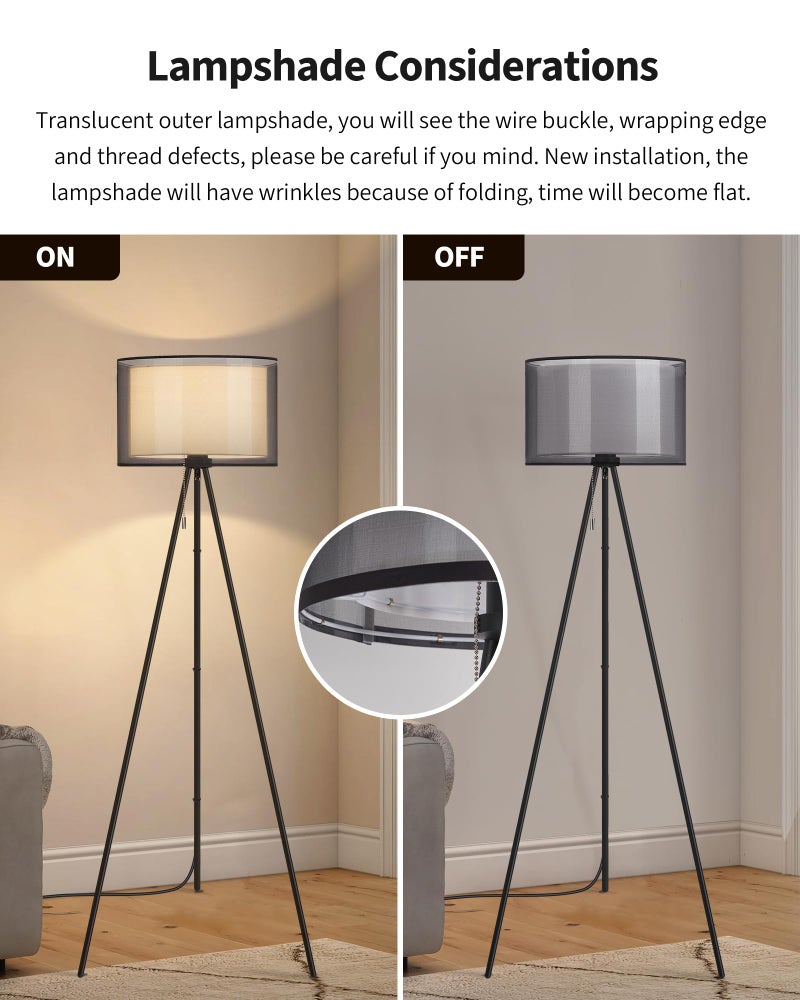 KDG Modern Floor Lamp - Tall Tripod Lamp for Living Room, Bedroom, Office; Fabric Shade, LED Bulb, Warm Light (Black) - Image 4