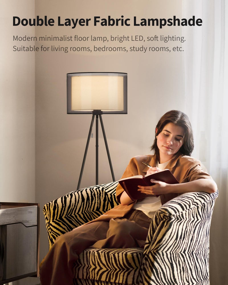 KDG Modern Floor Lamp - Tall Tripod Lamp for Living Room, Bedroom, Office; Fabric Shade, LED Bulb, Warm Light (Black) - Image 3