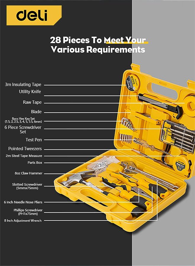 Deli 28-Piece Household Tool Kit Yellow Slotted Screwdriver Knife Pliers Hex Wrench for Appliance Repair  - Image 2