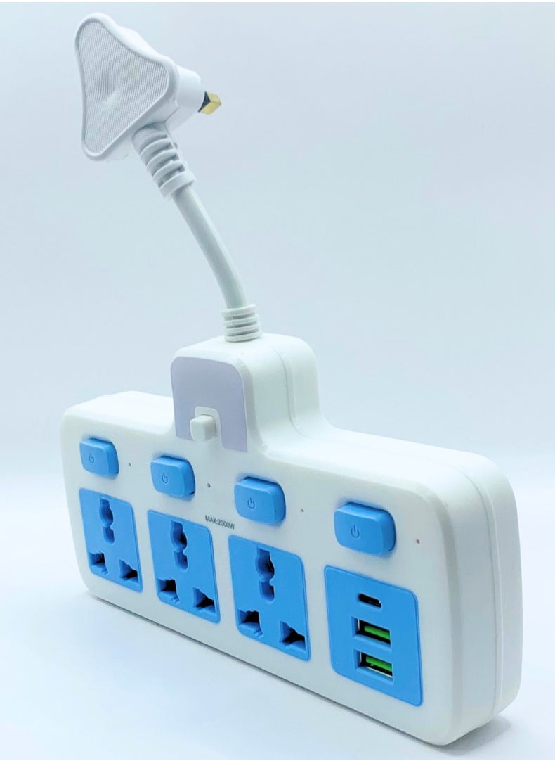 Lucky Hawk 3 Power Socket Extension with Individual Switch and Indicator, 2 USB Port 1 C Type | Hanging Type | Home and Office Use | High Quality | Easy to Carry | 10A | 220V | 50/60Hz | 2500W (White and Blue)  - Image 3