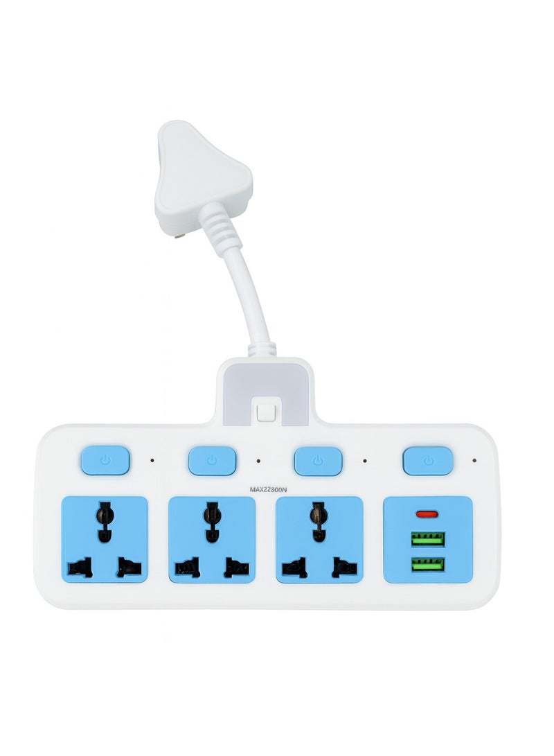 لاكي هوك مشترك كهرباء متعدد المنافذ بثلاثة مقابس طاقة مع مفاتيح تشغيل فردية ومؤشر ضوئي، مزود بمنفذي USB ومنفذ واحد من نوع C | للاستخدام المنزلي والمكتبي | جودة عالية | سهل الحمل | 2500 واط (أبيض وأزرق) - Image 1