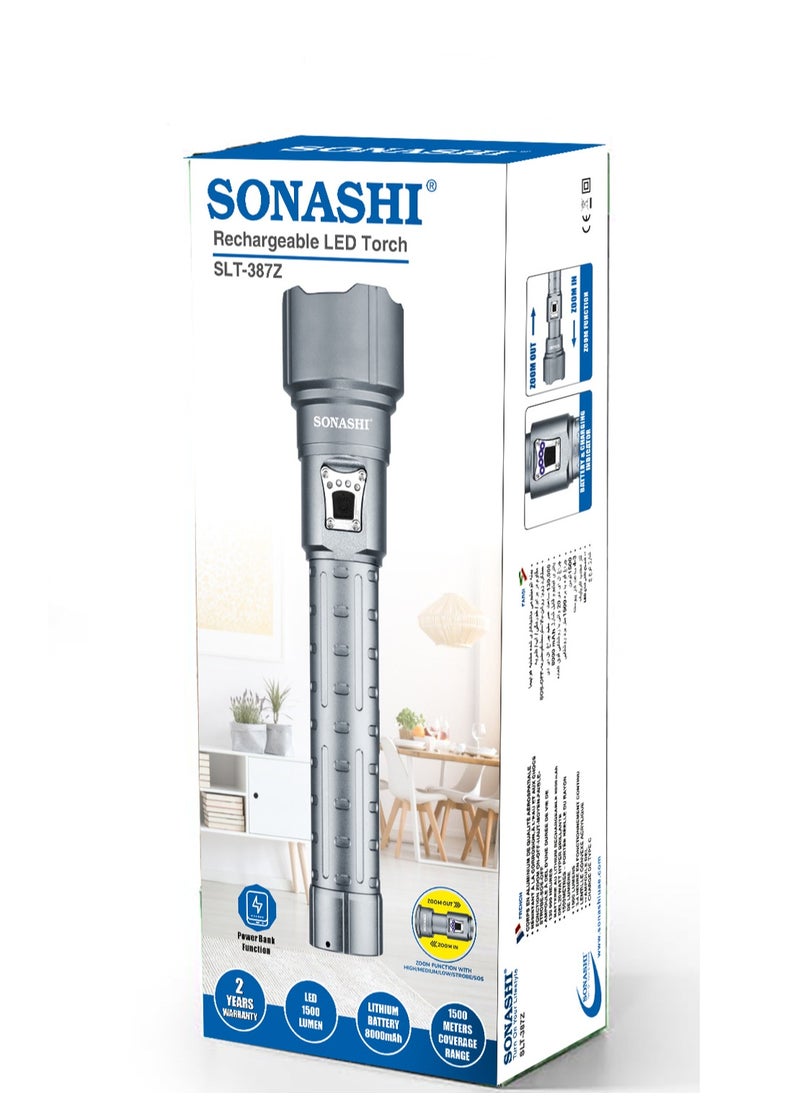 SONASHI - Rechargeable LED Torch with Zoom Function | 8000mAh Battery with Type-C Charging | 1500 Meters Long Coverage | Hyper Bright 20-Watt Laser LED with 4 Hours Continuous Working | LED Flashlight for Camping & Hiking | SLT-387Z Silver - Image 1