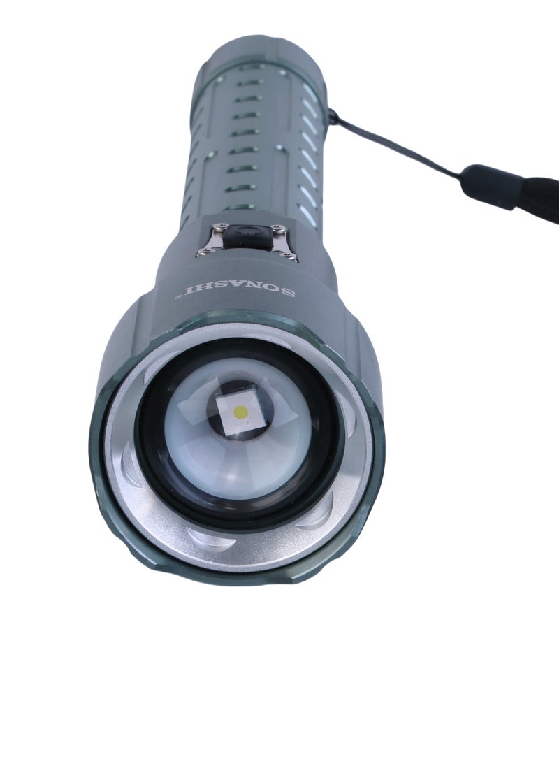 SONASHI - Rechargeable LED Torch with Zoom Function | 8000mAh Battery with Type-C Charging | 1500 Meters Long Coverage | Hyper Bright 20-Watt Laser LED with 4 Hours Continuous Working | LED Flashlight for Camping & Hiking | SLT-387Z Silver - Image 1