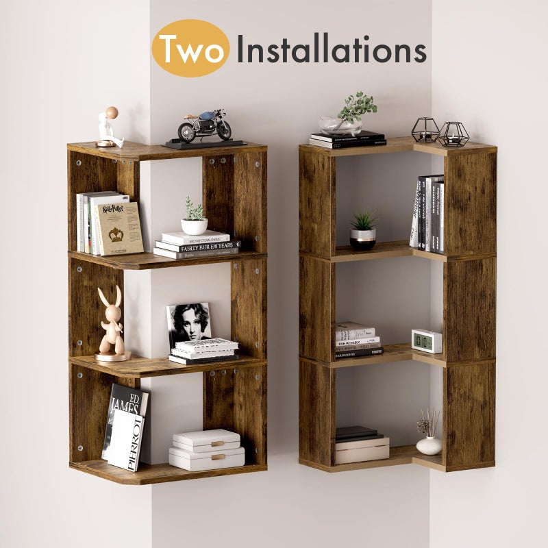 Atoping Floating Corner Shelf, 4-Tier Floating Shelf for Wall, Wood Floating Book Shelf for Living Room, Bedroom, Bathroom, Home Office, Rustic Brown - Image 4