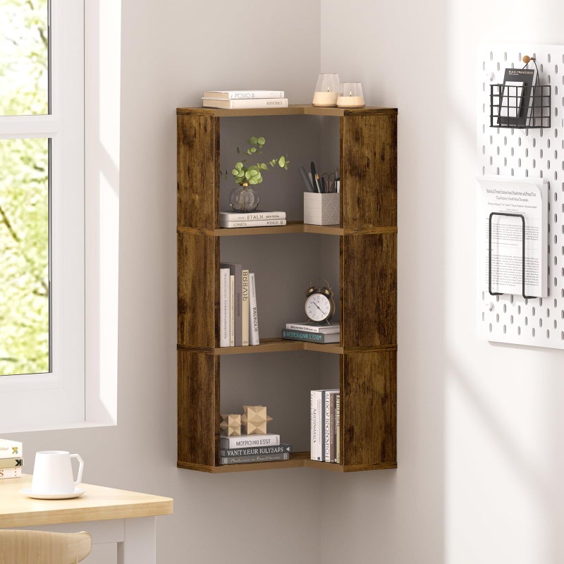 Atoping Floating Corner Shelf, 4-Tier Floating Shelf for Wall, Wood Floating Book Shelf for Living Room, Bedroom, Bathroom, Home Office, Rustic Brown - Image 1