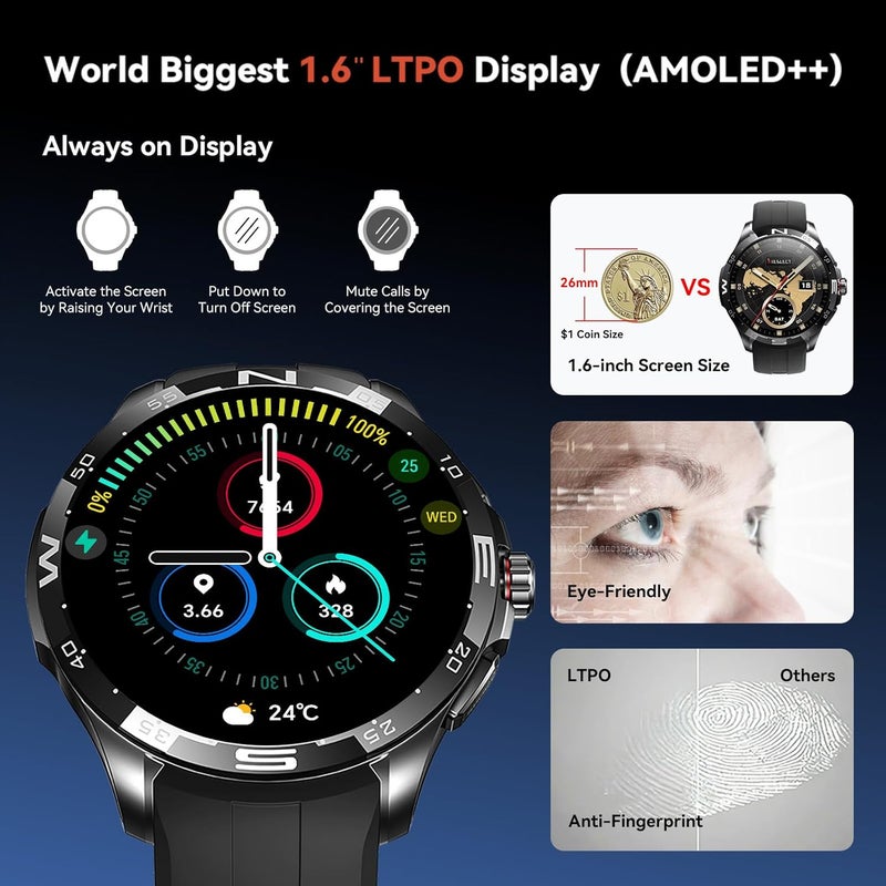 كيسلكت ساعة أكتور الذكية للرجال بشاشة AMOLED LTPO FHD+ بحجم 1.6 بوصة، أكثر من 150 وضع رياضي، GPS، مكالمات بلوتوث وتذكير بالرسائل، مقاومة للماء حتى 5ATM، مراقبة الصحة والنوم، بطارية 500 مللي أمبير في الساعة، أكثر من 200 وجه ساعة - Image 2