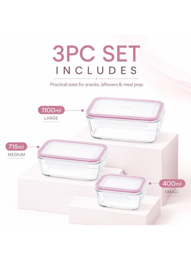 Glasslock 3 Piece Rectangular Glass Food Storage Container Set 400ml 715ml 1100ml Airtight Leakproof Meal Prep Lunch Boxes - Image 3
