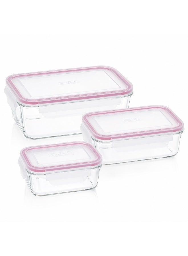 Glasslock 3 Piece Rectangular Glass Food Storage Container Set 400ml 715ml 1100ml Airtight Leakproof Meal Prep Lunch Boxes - Image 1