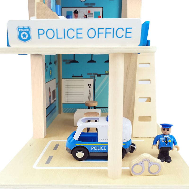 BBtinker Wooden Police Station Playset Toy Multicolor 3Level Pretend Play Dollhouse Set with Figures Car Helicopter and Accessories Preschool Learning Educational Toys for Toddlers Kids Age 3 and up - Image 3