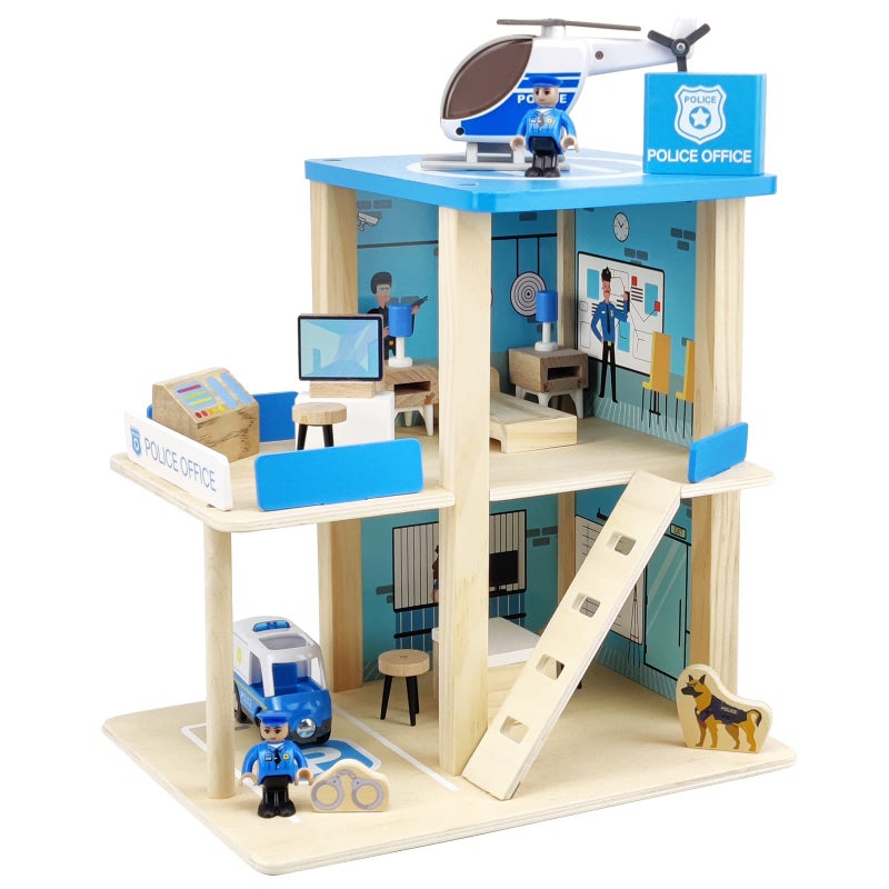 BBtinker Wooden Police Station Playset Toy Multicolor 3Level Pretend Play Dollhouse Set with Figures Car Helicopter and Accessories Preschool Learning Educational Toys for Toddlers Kids Age 3 and up - Image 2