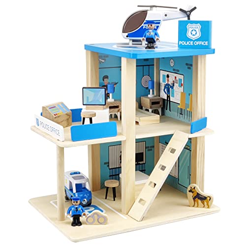 BBtinker Wooden Police Station Playset Toy Multicolor 3Level Pretend Play Dollhouse Set with Figures Car Helicopter and Accessories Preschool Learning Educational Toys for Toddlers Kids Age 3 and up - Image 1