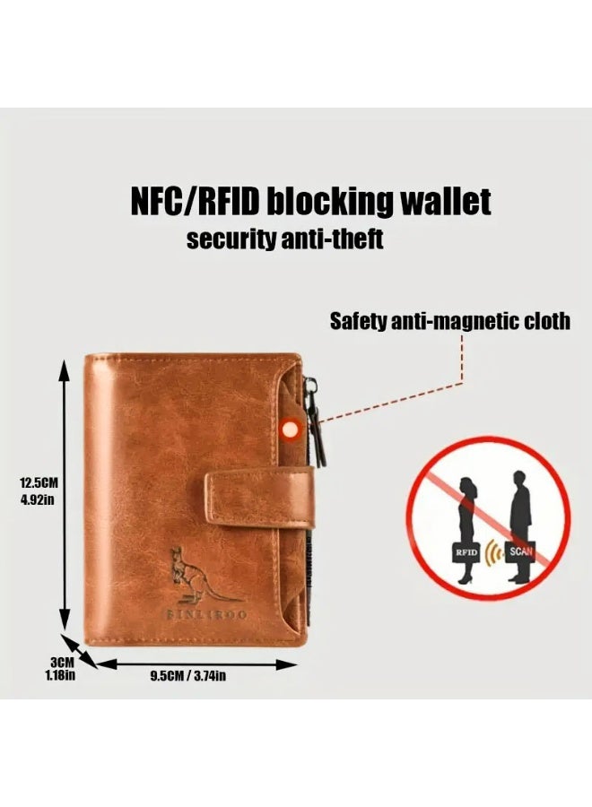 BINLIROO Vintage-style men's genuine leather wallet featuring an RFID-protected card slot, coin compartment, business card holder and secure zip closure. Men's wallet (Khaki). - Image 5