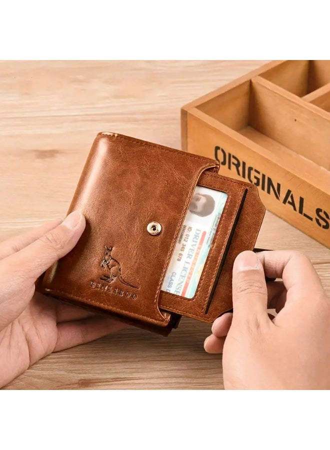 BINLIROO Vintage-style men's genuine leather wallet featuring an RFID-protected card slot, coin compartment, business card holder and secure zip closure. Men's wallet (Khaki). - Image 1