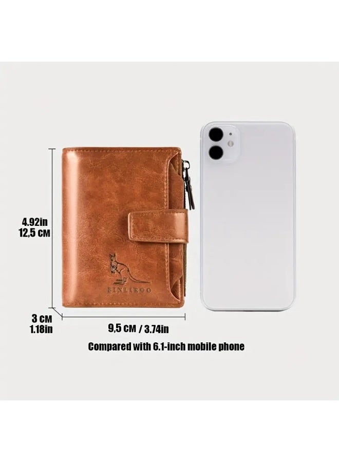 BINLIROO Vintage-style men's genuine leather wallet featuring an RFID-protected card slot, coin compartment, business card holder and secure zip closure. Men's wallet (Khaki). - Image 2
