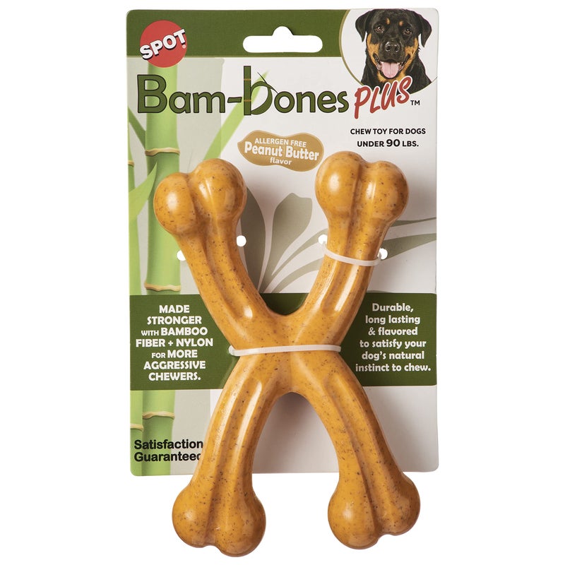 SPOT Bam-bones PLUS Double Wishbone -Bamboo Fiber & Nylon, Durable Long Lasting Dog Chew for Aggressive Chewers for Dogs & Puppies under 90lbs, Non-Splintering, 7in, Allergen Free Peanut Butter Flavor - Image 1
