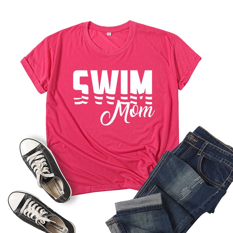 Foreign Trade Cross-border Swimming Mom Swim Mom Printed Short-sleeved Round Neck T-shirt European and American Mens and Womens Top Loose Casual rose red 