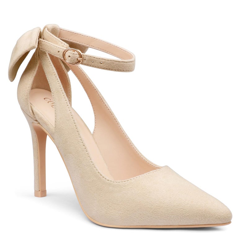 COLETER Womens Bow Knot High Heels Pointed Toe Stiletto Ankle Strap D'Orsay Pumps Bow Evening Dress Shoes Suede Beige 11US - Image 4
