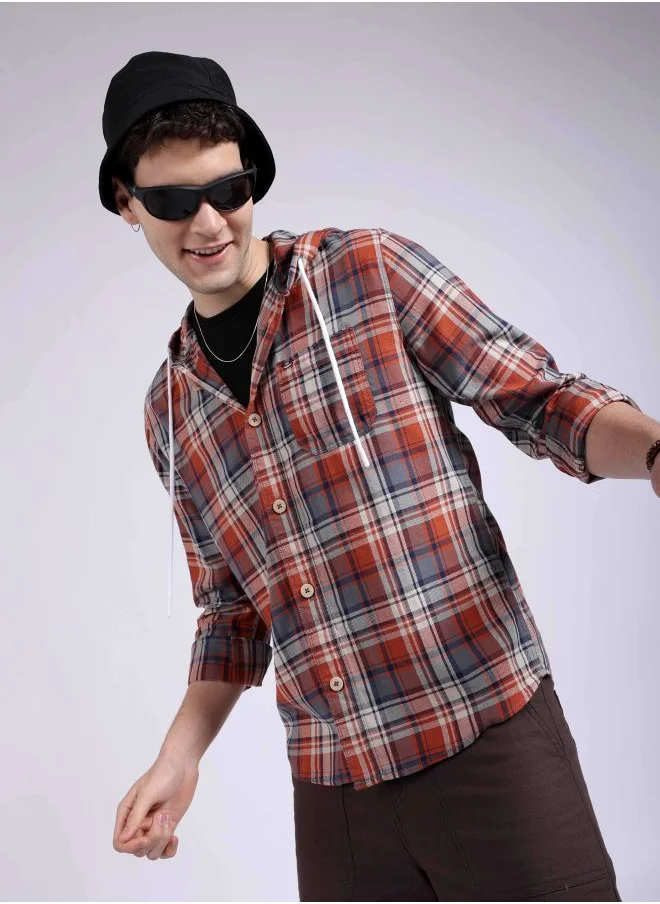 شركة المرآب الهندية Men Regular Fit Checkered Full Sleeves Hooded Street Wear Over Shirt