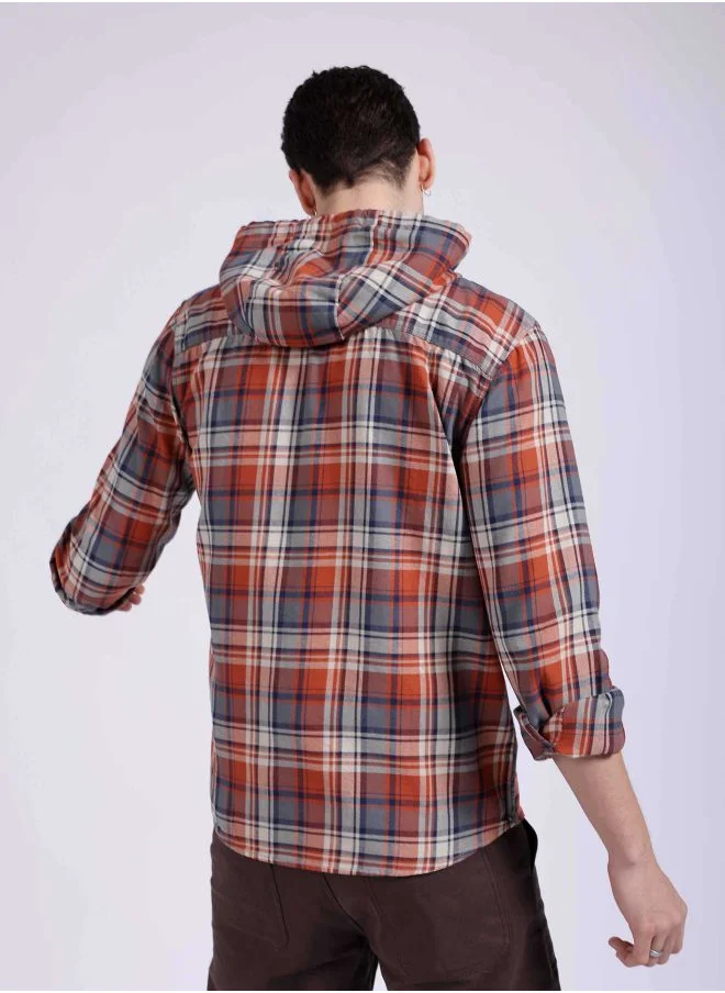شركة المرآب الهندية Men Regular Fit Checkered Full Sleeves Hooded Street Wear Over Shirt