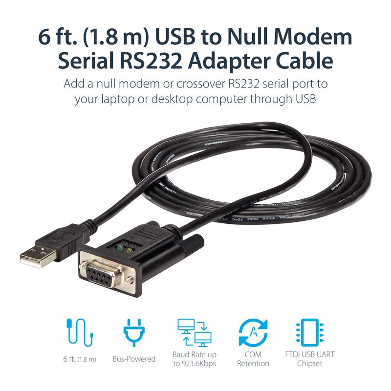 StarTech.com 6ft (1.8m) 1-Port USB to Serial RS232 Adapter, FTDI DB9 Serial DCE Adapter Cable, Null Modem, USB 2.0 - TAA - Image 2