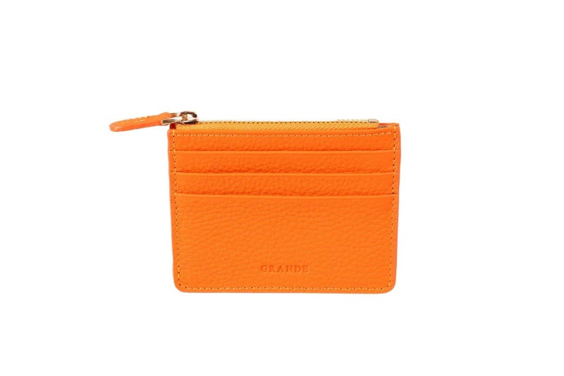 grande 3603 Genuine Leather Card Holder For Women and Men Slim Minimalist Small Zipper Wallet ORANGE - Image 2