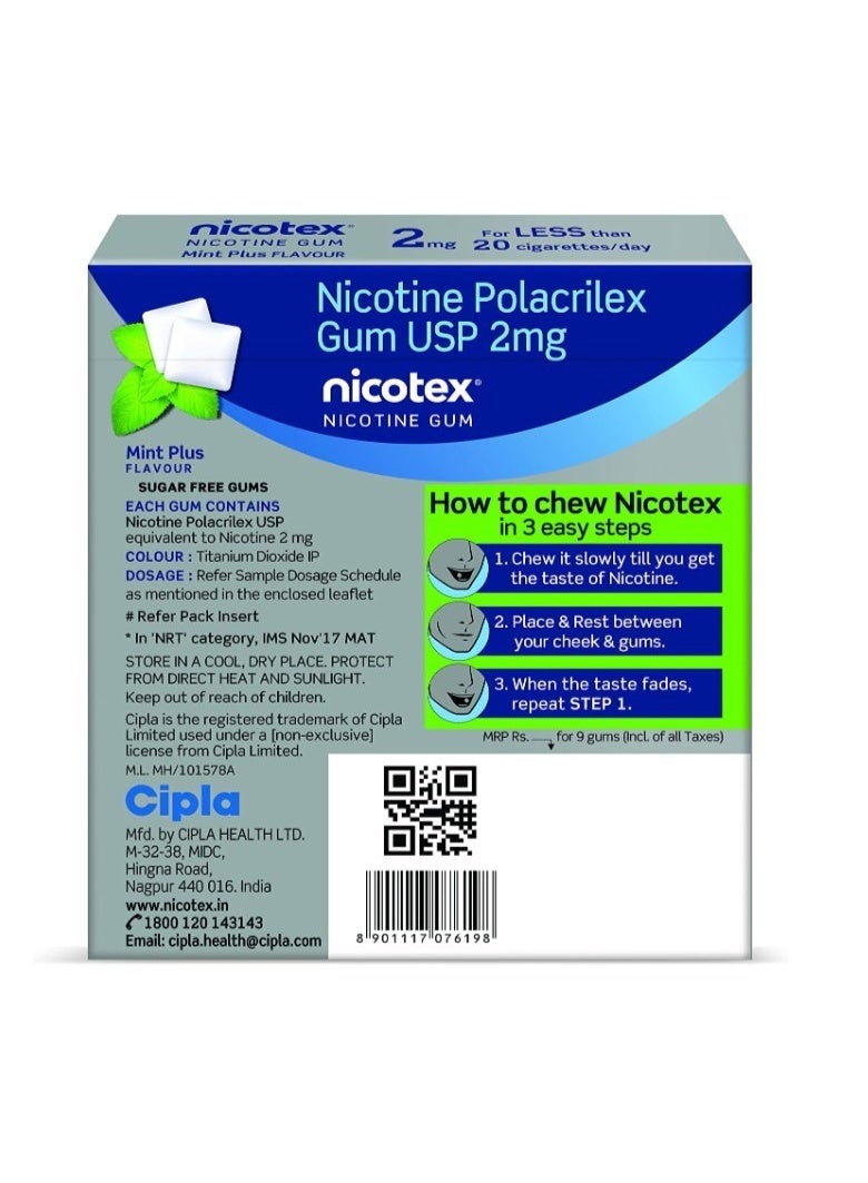 Cipla Nicotex Nicotine Sugar Free Mint Plus Gums 2mg | Helps to Quit Smoking | 12 Gums each pack - Image 4