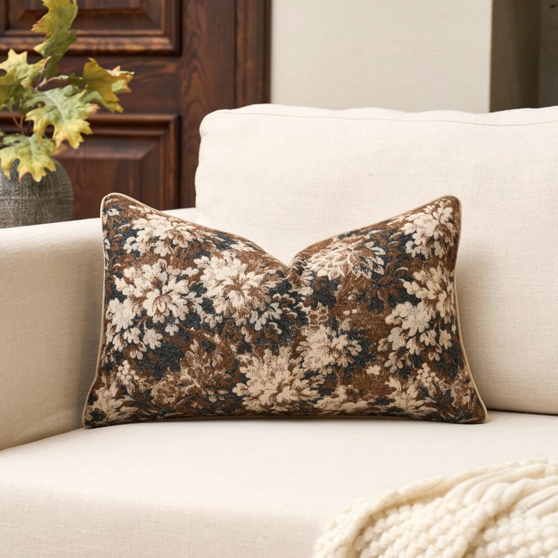 Yangest Neutral Floral Pillow Cover 12 x 20 Inches, Vintage Chenille Rectangle Throw Pillow Cover Soft Decorative Farmhouse Accent Couch Pillow Cover for Living Room Bedroom, Coffee Brown - Image 1