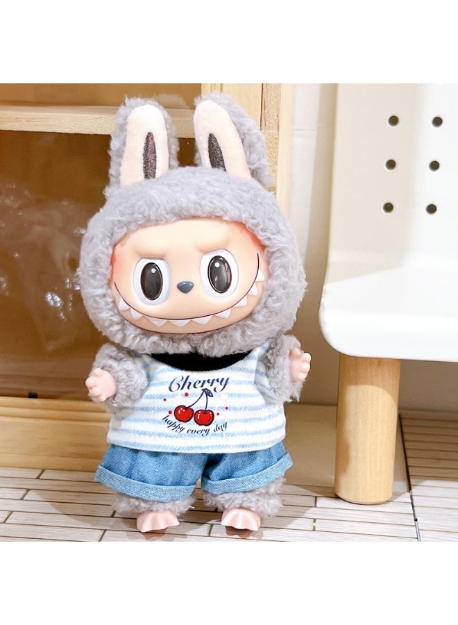Labubu Plush Doll 17cm Clothing Accessories Set Cherry vest + jeans suit(clothes only，excluding doll）