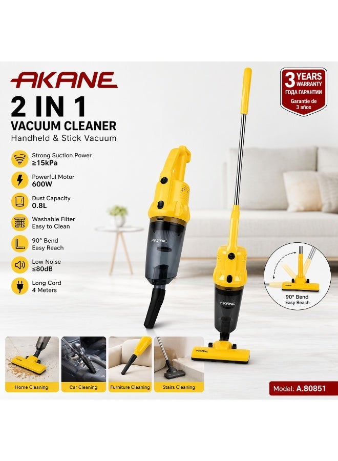 AKANE 2-in-1 Vacuum Cleaner 600W Handheld & Stick Vacuum | 15kPa Suction Power | 0.8L Dust Capacity | Washable Filter | Model A.80851 - Image 2