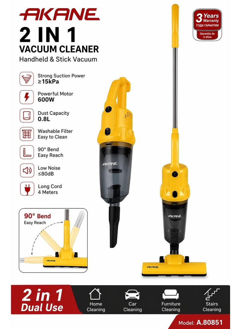 AKANE 2-in-1 Vacuum Cleaner 600W Handheld & Stick Vacuum | 15kPa Suction Power | 0.8L Dust Capacity | Washable Filter | Model A.80851 - Image 1